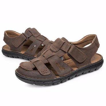 Men Leather Hollow Out Breathable Hook Loop Toe Covering Beach Sandals