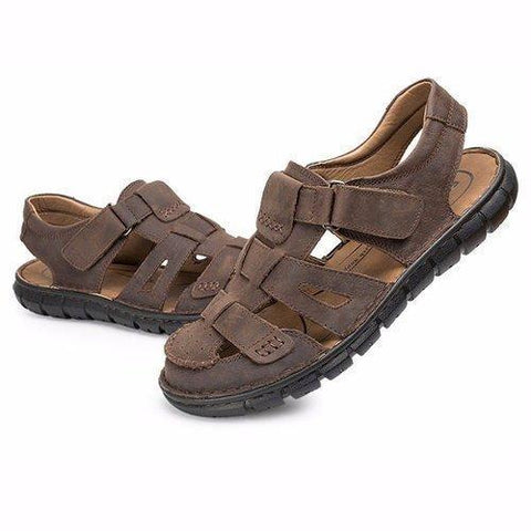 Men Leather Hollow Out Breathable Hook Loop Toe Covering Beach Sandals