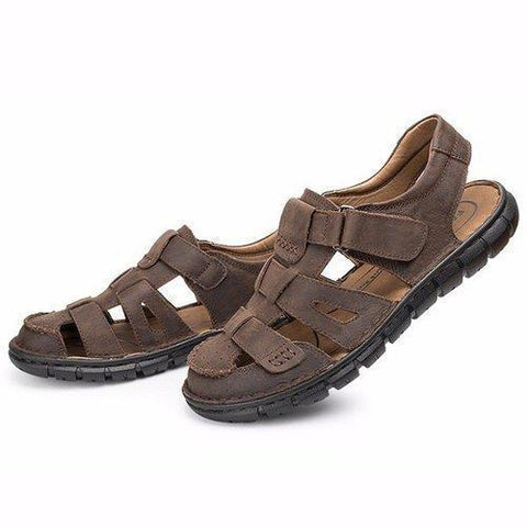 Men Leather Hollow Out Breathable Hook Loop Toe Covering Beach Sandals