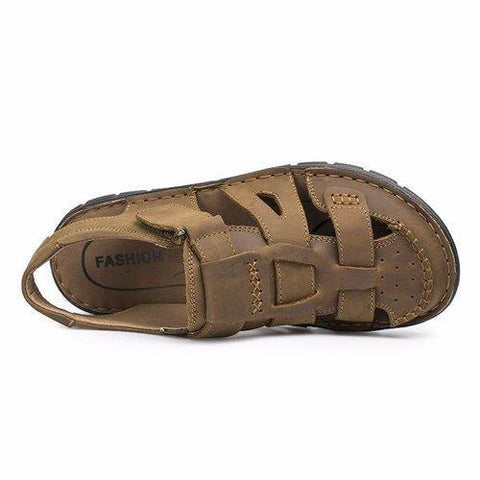 Men Leather Hollow Out Breathable Hook Loop Toe Covering Beach Sandals