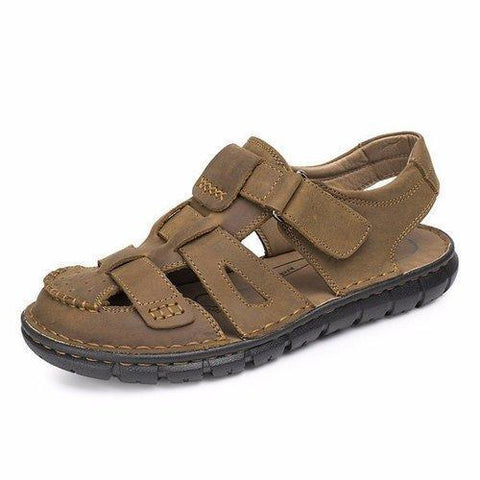 Men Leather Hollow Out Breathable Hook Loop Toe Covering Beach Sandals