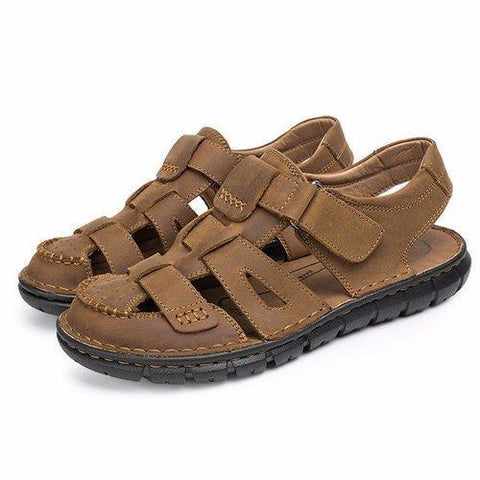 Men Leather Hollow Out Breathable Hook Loop Toe Covering Beach Sandals