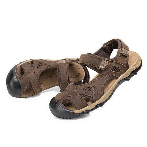 Men Leather Toe Protecting Hollow Out Hook Loop Outdoor Sandals