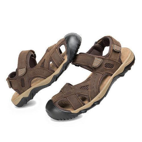 Men Leather Toe Protecting Hollow Out Hook Loop Outdoor Sandals