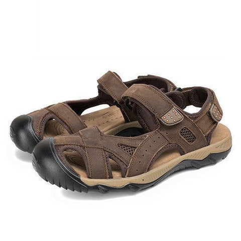 Men Leather Toe Protecting Hollow Out Hook Loop Outdoor Sandals