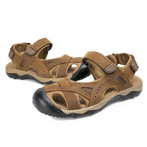 Men Leather Toe Protecting Hollow Out Hook Loop Outdoor Sandals