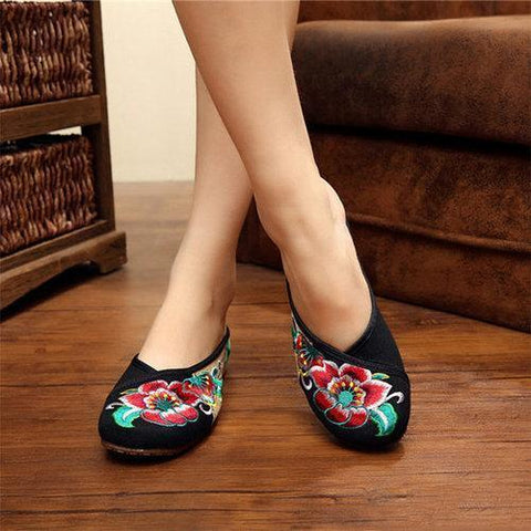 Floral Embroidery National Wind Open Heel Color Match Slip On Flat Shoes