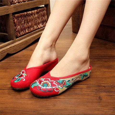 Floral Embroidery National Wind Open Heel Color Match Slip On Flat Shoes