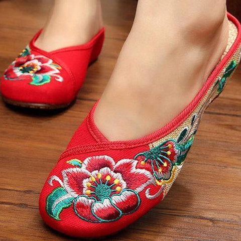 Floral Embroidery National Wind Open Heel Color Match Slip On Flat Shoes