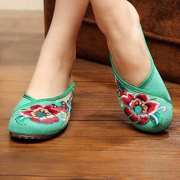 Floral Embroidery National Wind Open Heel Color Match Slip On Flat Shoes