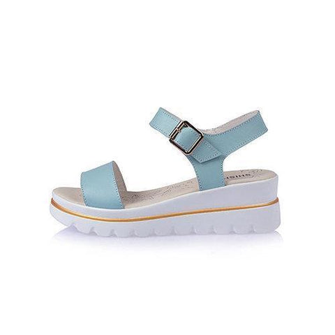 Leather Soft Comfortable Buckle Platform Wedge Heel Peep Toe Sandals