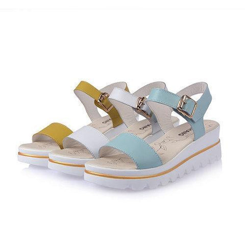 Leather Soft Comfortable Buckle Platform Wedge Heel Peep Toe Sandals