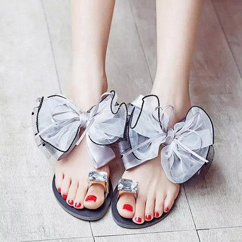 Big Size Butterflyknot Lace Bead Crystal Clip Toe Flat Flip Flops Sandals