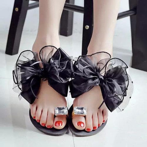 Big Size Butterflyknot Lace Bead Crystal Clip Toe Flat Flip Flops Sandals