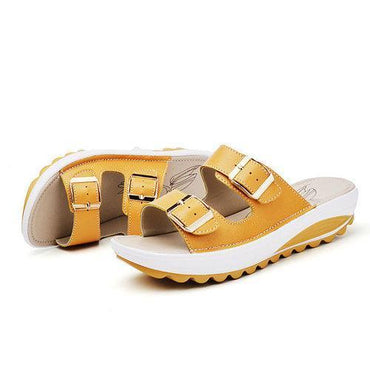 Candy Color Leather Buckle Metal Color Match Platform Beach Sandals Slippers