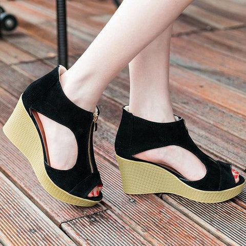 Hollow Out European Style Zipper Peep Toe Platform Wedge Heel Sandals