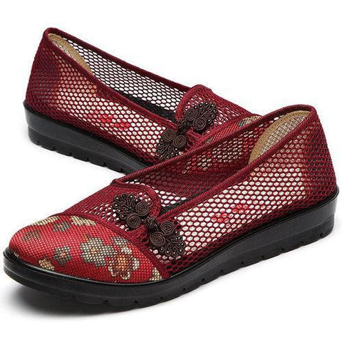 Flower Chineseknot Vintage Retro Mesh Breathable Slip On Flat Shoes