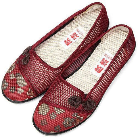 Flower Chineseknot Vintage Retro Mesh Breathable Slip On Flat Shoes