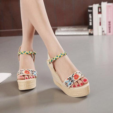 Flower Embroidery Leather National Wind Weave Buckle Peep Toe Platform Sandals