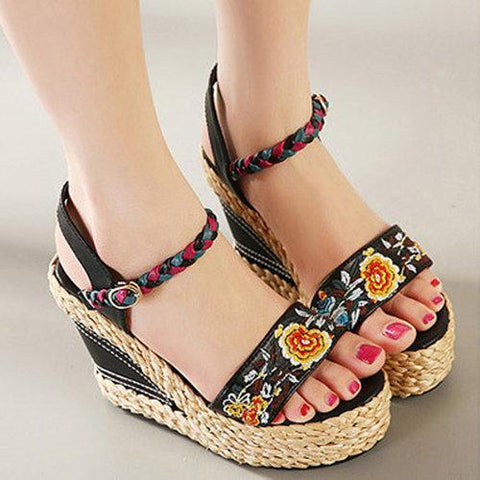 Flower Embroidery Leather National Wind Weave Buckle Peep Toe Platform Sandals