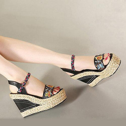 Flower Embroidery Leather National Wind Weave Buckle Peep Toe Platform Sandals