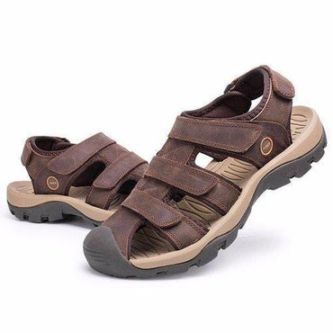 Men Leather Hollow Out Toe Protecting Hook Loop Outdoor Beach Sandals