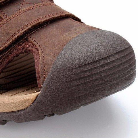 Men Leather Hollow Out Toe Protecting Hook Loop Outdoor Beach Sandals