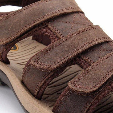 Men Leather Hollow Out Toe Protecting Hook Loop Outdoor Beach Sandals