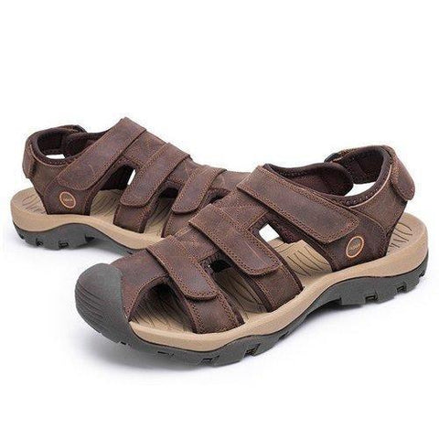 Men Leather Hollow Out Toe Protecting Hook Loop Outdoor Beach Sandals