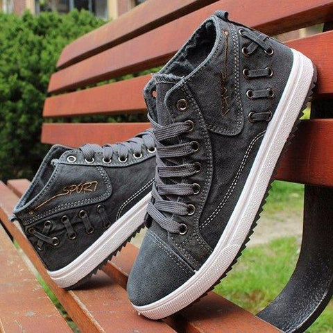 Men Denim Dark Gray British Style Lace Up High Top Casual Shoes