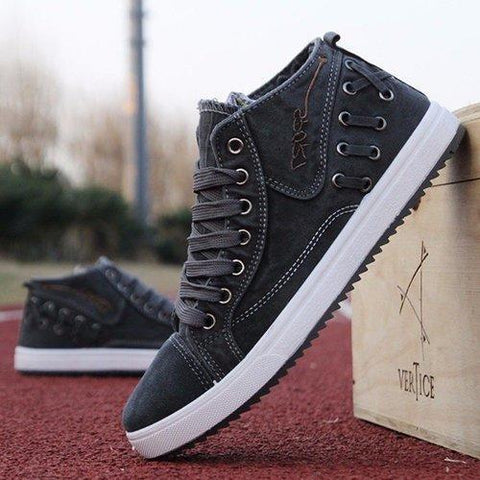 Men Denim Dark Gray British Style Lace Up High Top Casual Shoes