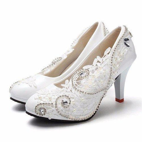 8cm White Crystal Lace Bead Flower Wedding Bridal Kitten Heels Pumps