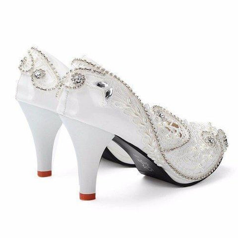 8cm White Crystal Lace Bead Flower Wedding Bridal Kitten Heels Pumps