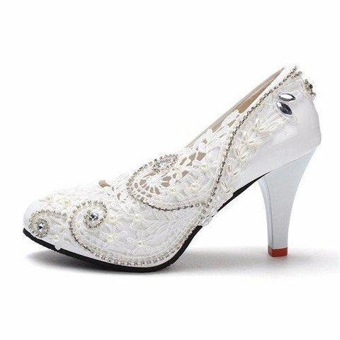 8cm White Crystal Lace Bead Flower Wedding Bridal Kitten Heels Pumps