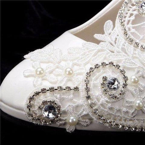 8cm White Crystal Lace Bead Flower Wedding Bridal Kitten Heels Pumps