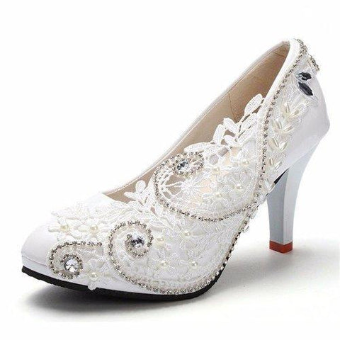 8cm White Crystal Lace Bead Flower Wedding Bridal Kitten Heels Pumps