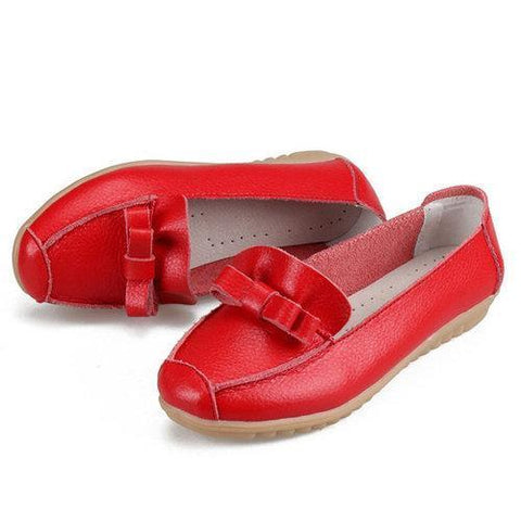 Leather Butterflyknot Pure Color Soft Comfortable Round Toe Slip On Flat Shoes