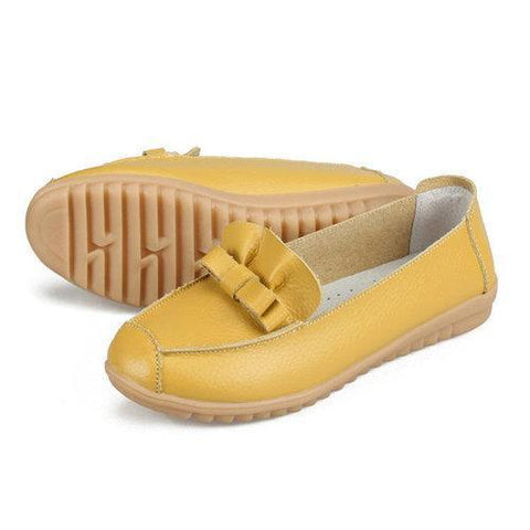 Leather Butterflyknot Pure Color Soft Comfortable Round Toe Slip On Flat Shoes