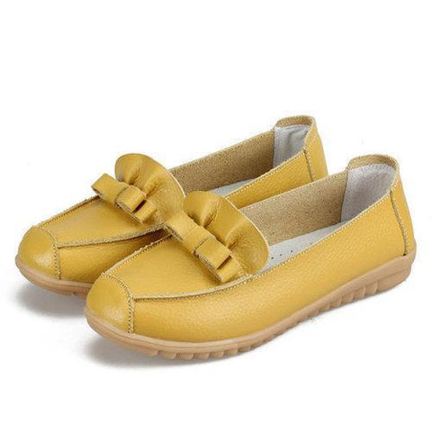 Leather Butterflyknot Pure Color Soft Comfortable Round Toe Slip On Flat Shoes