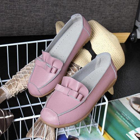 Leather Butterflyknot Pure Color Soft Comfortable Round Toe Slip On Flat Shoes