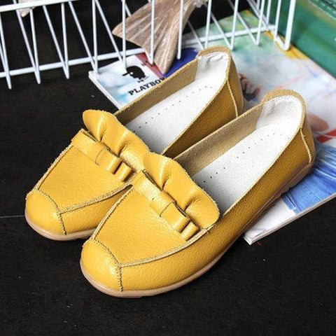 Leather Butterflyknot Pure Color Soft Comfortable Round Toe Slip On Flat Shoes