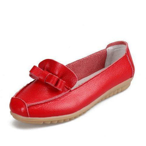 Leather Butterflyknot Pure Color Soft Comfortable Round Toe Slip On Flat Shoes