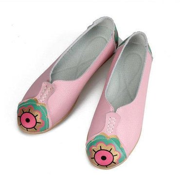 Flower Sun Eye Pattern Leather Soft Comfortable Slip On Flat Shoes