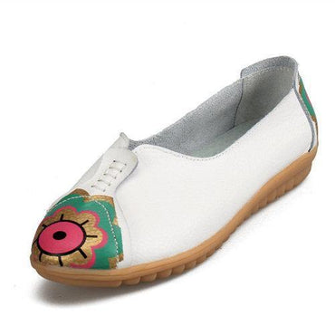 Flower Sun Eye Pattern Leather Soft Comfortable Slip On Flat Shoes