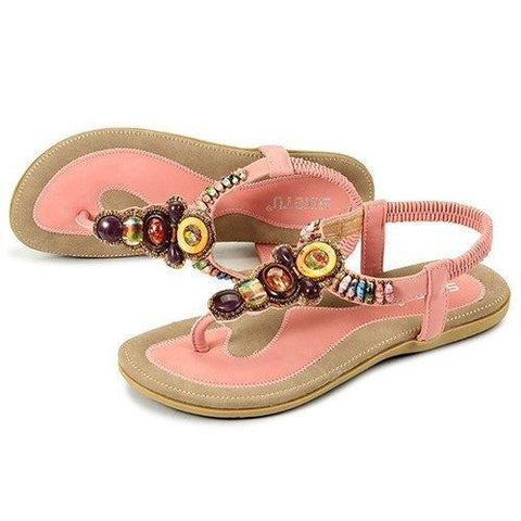 Big Size Bohemia Bead Clip Toe Elastic Flat Beach Flip Flops Sandals