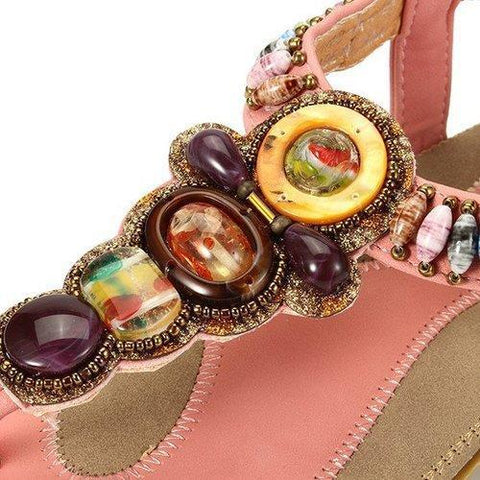 Big Size Bohemia Bead Clip Toe Elastic Flat Beach Flip Flops Sandals