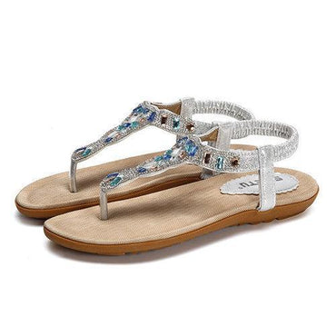 Bohemia Bead Rhinestone Crystal Clip Toe Elastic Beach Flat Flip Flops Sandals