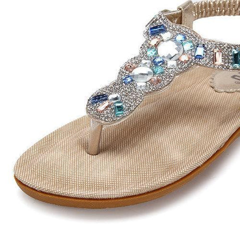 Bohemia Bead Rhinestone Crystal Clip Toe Elastic Beach Flat Flip Flops Sandals