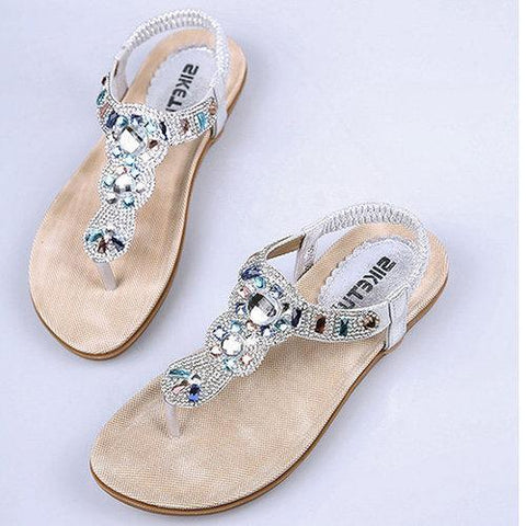 Bohemia Bead Rhinestone Crystal Clip Toe Elastic Beach Flat Flip Flops Sandals