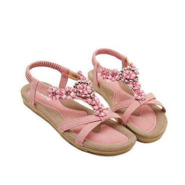 Bohemia Flower Bead Hollow Out Peep Toe Flat Slip On Beach Sandals